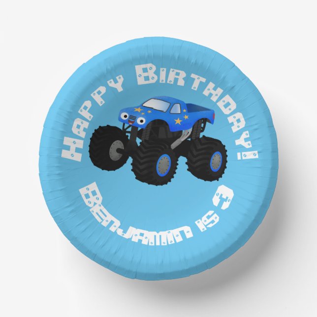 Cute blue monster truck cartoon illustration paper bowls (Front)