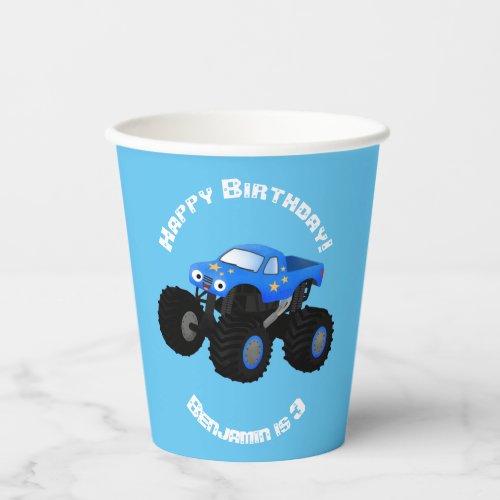 Cute blue monster truck cartoon illustration paper cups