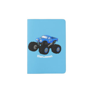 Cute blue monster truck cartoon illustration passport holder