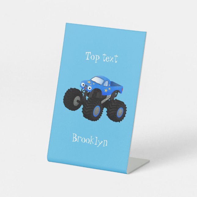 Cute blue monster truck cartoon illustration pedestal sign (Front)
