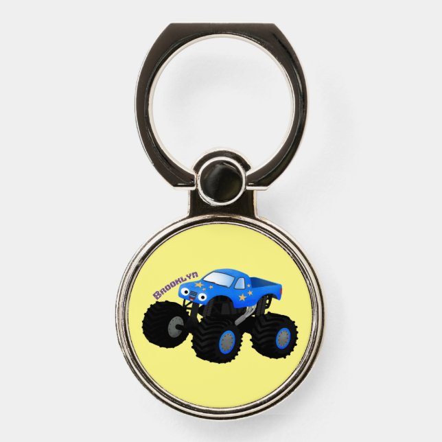 Cute blue monster truck cartoon illustration phone ring stand (Front)