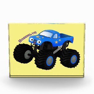 Cute blue monster truck cartoon illustration photo block
