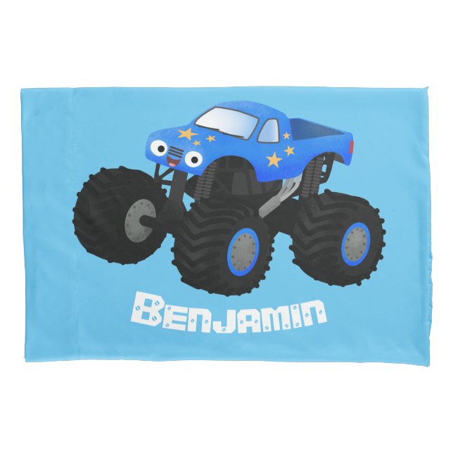 Cute blue monster truck cartoon illustration pillow case (Front)
