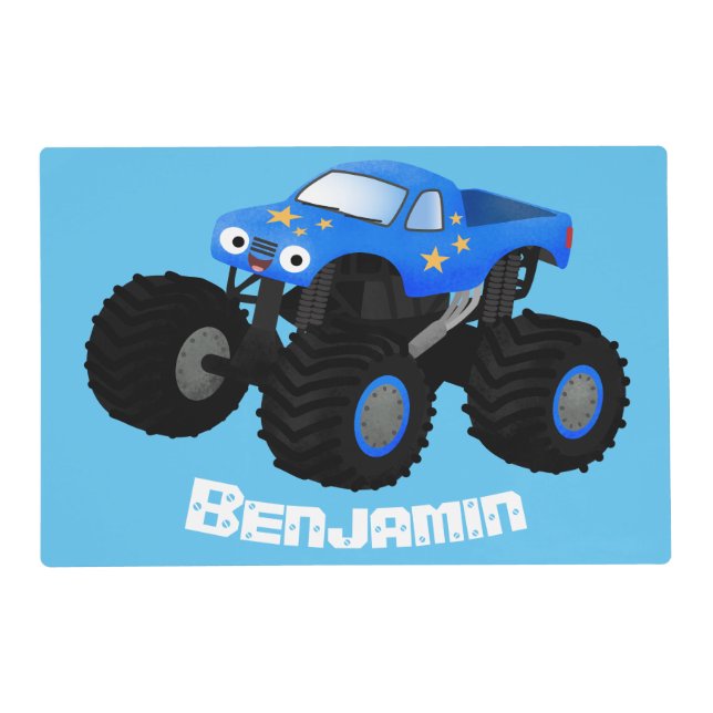 Cute blue monster truck cartoon illustration placemat (Front)