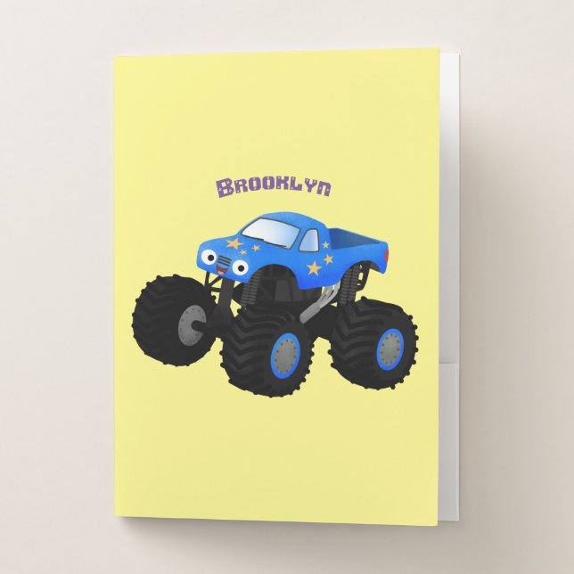 Cute blue monster truck cartoon illustration pocket folder (Front)
