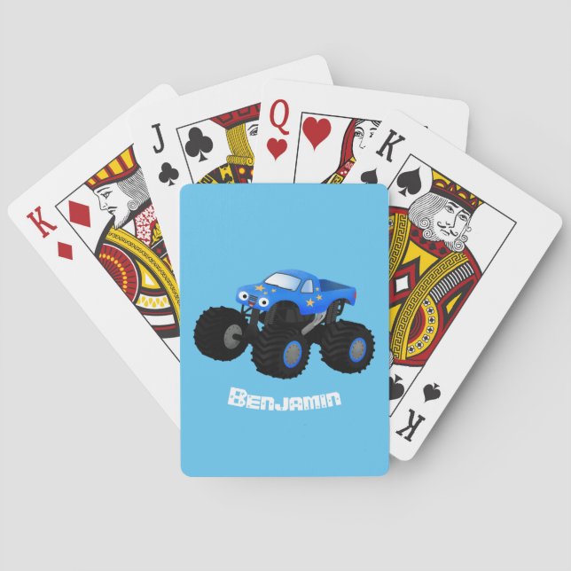 Cute blue monster truck cartoon illustration poker cards (Back)