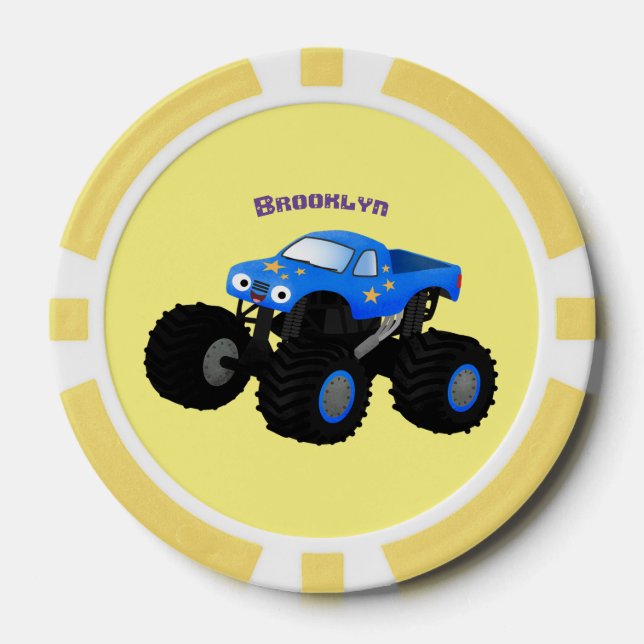 Cute blue monster truck cartoon illustration poker chips (Front)