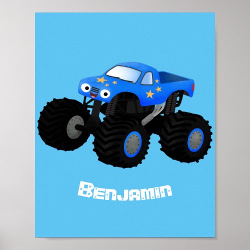 Cute blue monster truck cartoon illustration poster