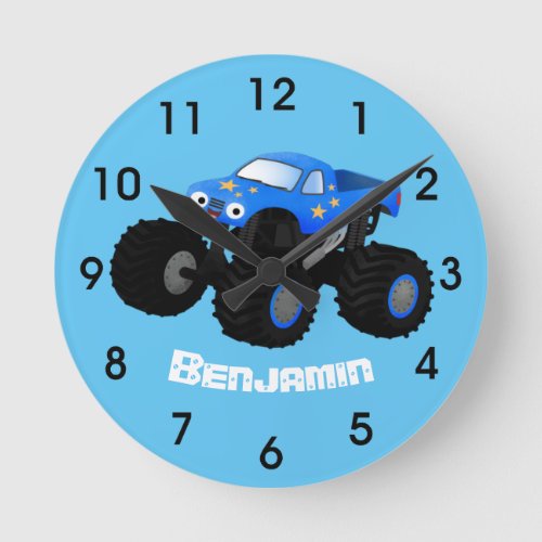 Cute blue monster truck cartoon illustration round clock