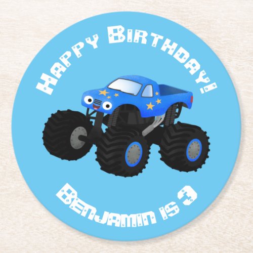 Cute blue monster truck cartoon illustration round paper coaster