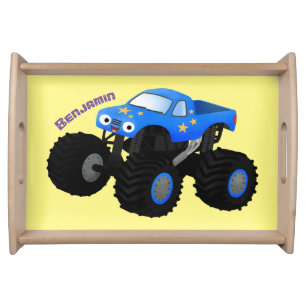 Cute blue monster truck cartoon illustration serving tray