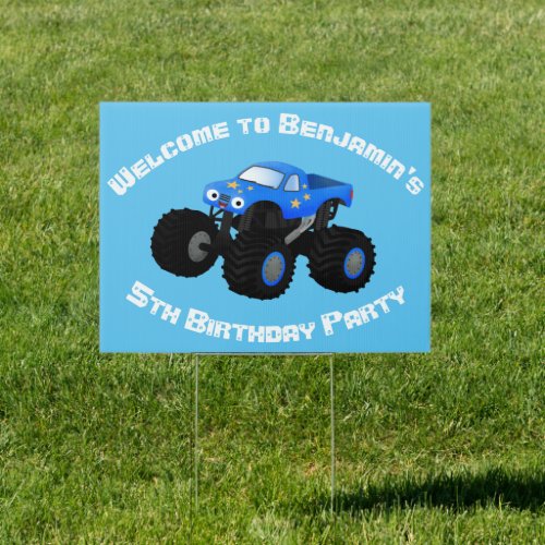 Cute blue monster truck cartoon illustration sign