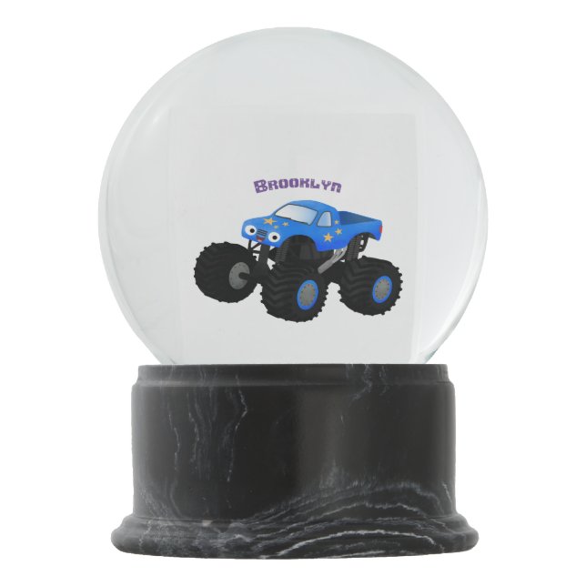 Cute blue monster truck cartoon illustration snow globe (Back)