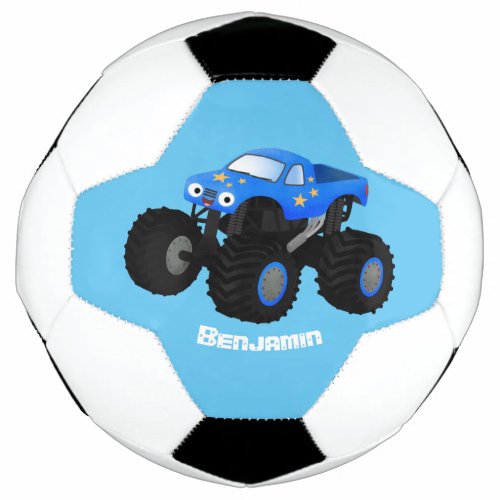 Cute blue monster truck cartoon illustration soccer ball