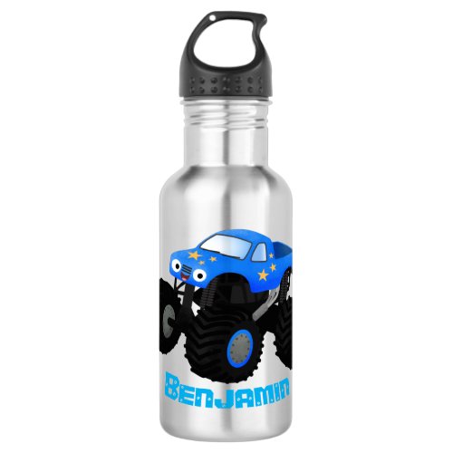 Cute blue monster truck cartoon illustration stainless steel water bottle