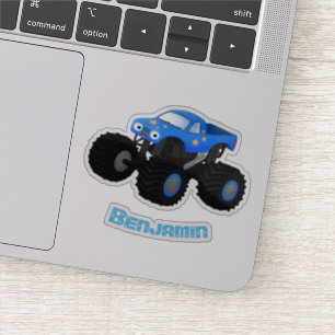 Cute blue monster truck cartoon illustration sticker