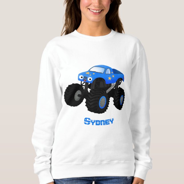 Cute blue monster truck cartoon illustration sweatshirt (Front)