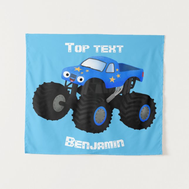 Cute blue monster truck cartoon illustration tapestry (Front (Horizontal))
