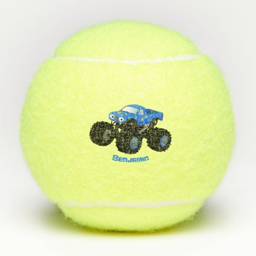 Cute blue monster truck cartoon illustration tennis balls