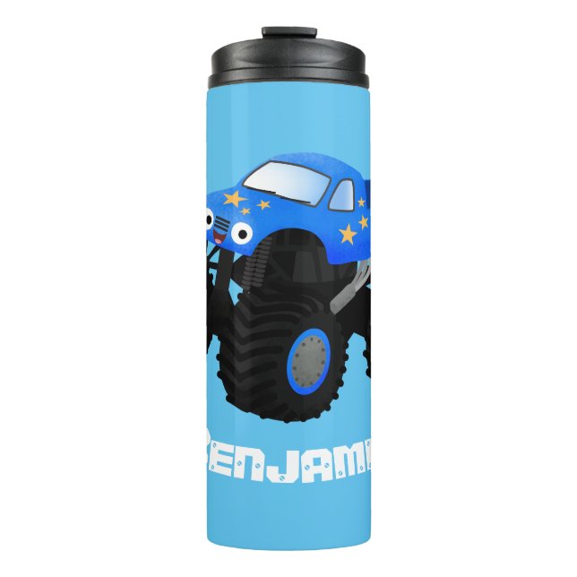 Cute blue monster truck cartoon illustration thermal tumbler (Front)