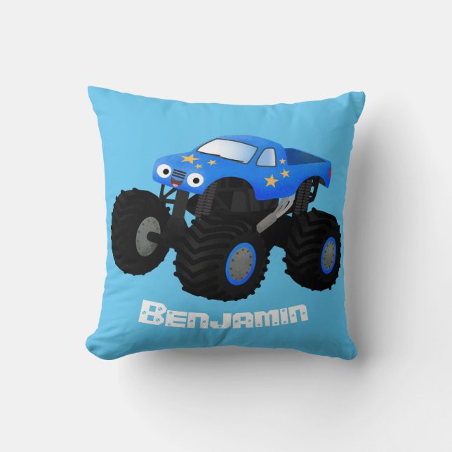 Cute blue monster truck cartoon illustration throw pillow (Front)