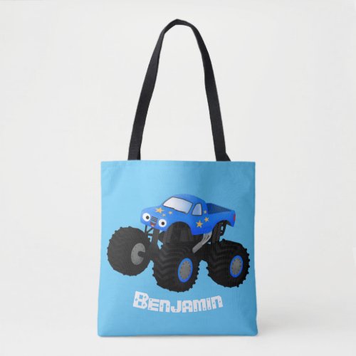 Cute blue monster truck cartoon illustration tote bag