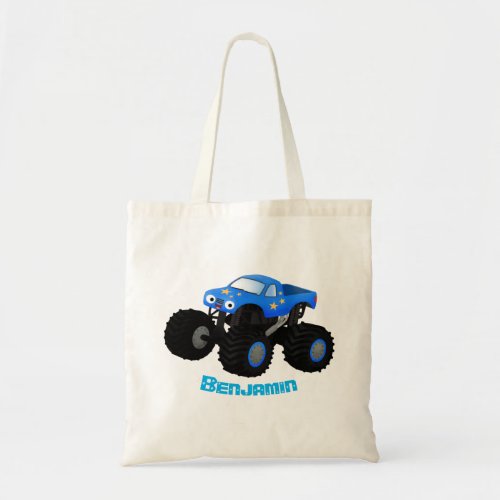 Cute blue monster truck cartoon illustration tote bag