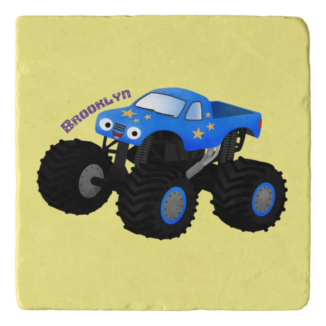 Cute blue monster truck cartoon illustration trivet (Front)