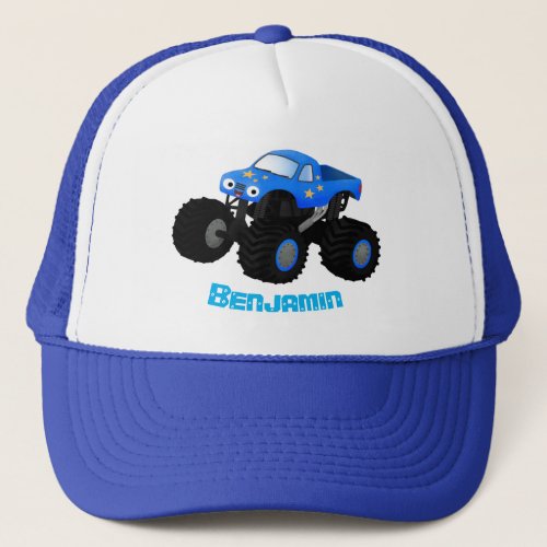 Cute blue monster truck cartoon illustration trucker hat