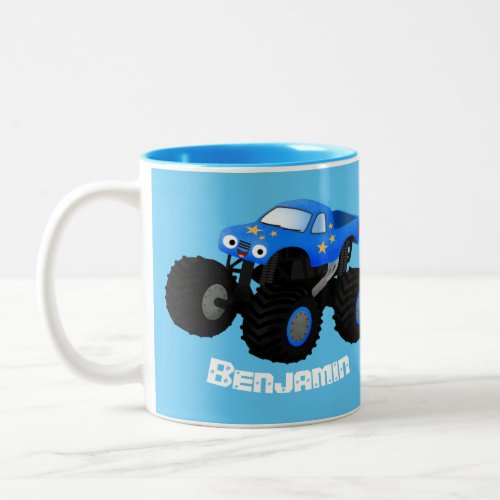 Cute blue monster truck cartoon illustration Two_Tone coffee mug