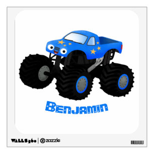Cute blue monster truck cartoon illustration wall decal