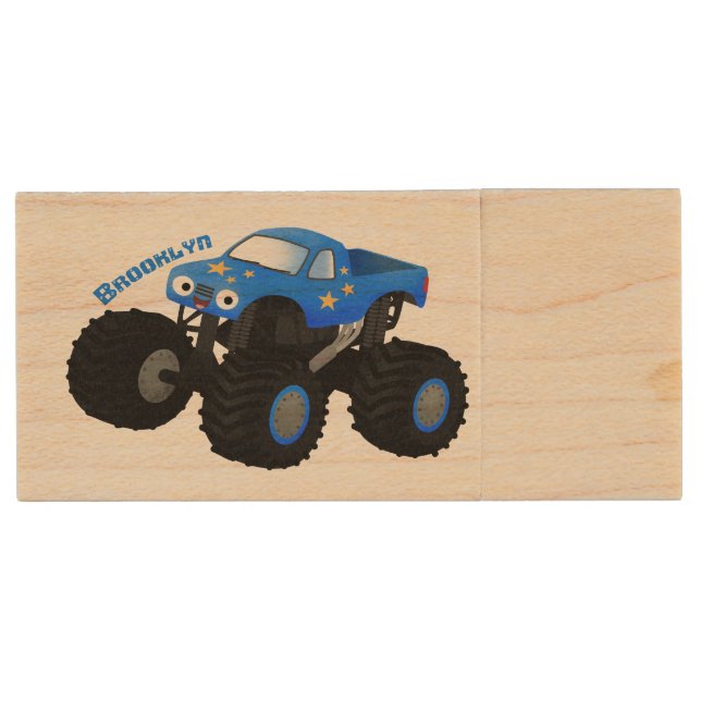 Cute blue monster truck cartoon illustration wood flash drive (Front)