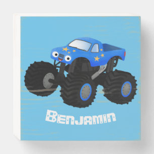 Cute blue monster truck cartoon illustration wooden box sign