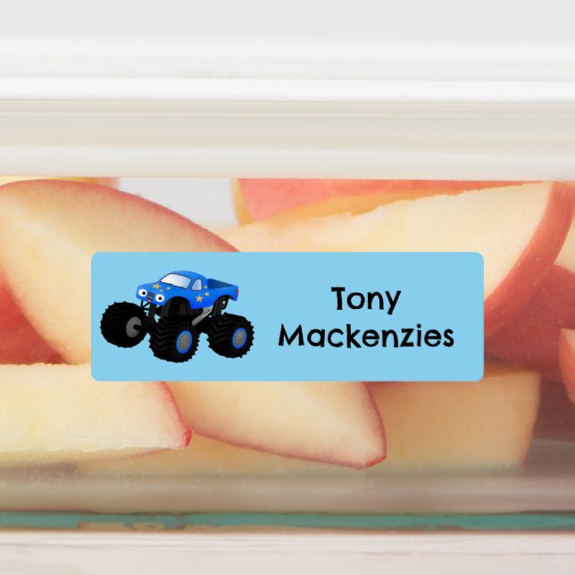 Cute blue monster truck cartoon personalized labels (Affixed)