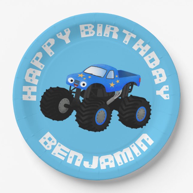 Cute blue monster truck cartoon personalized paper plates (Front)