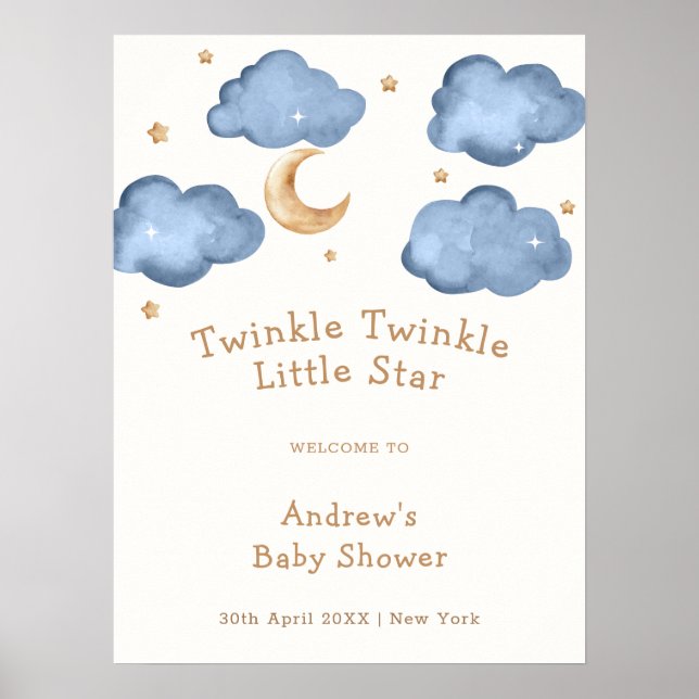 Cute Blue Moon Stars Twinkle Baby Shower Welcome  Poster (Front)