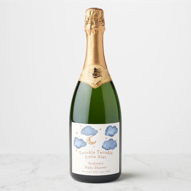 Cute Blue Moon Stars Twinkle Twinkle Baby Shower  Sparkling Wine Label (Front)