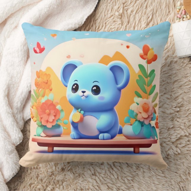 Cute Blue Mouse with Flowers Throw Pillow (Blanket)