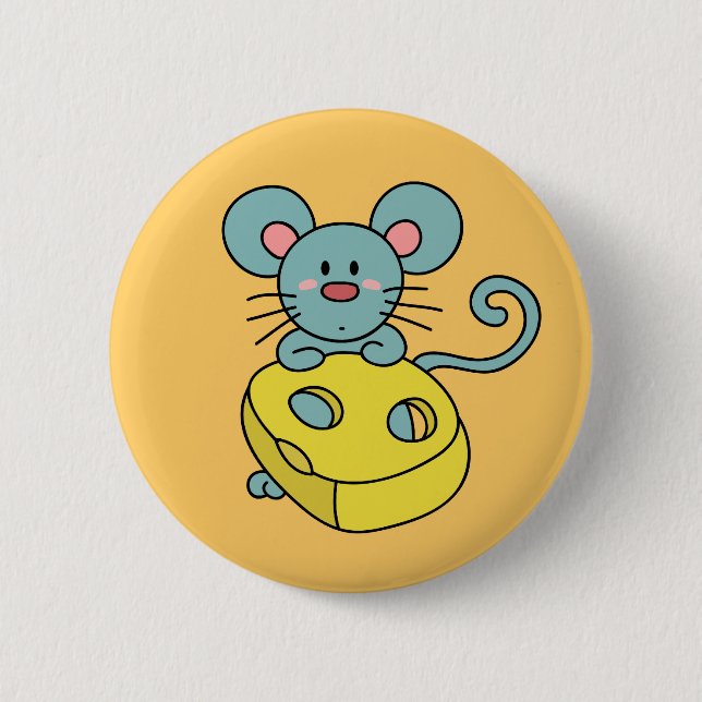 Cute Blue Mouse with Yellow Cheese Pinback Button (Front)