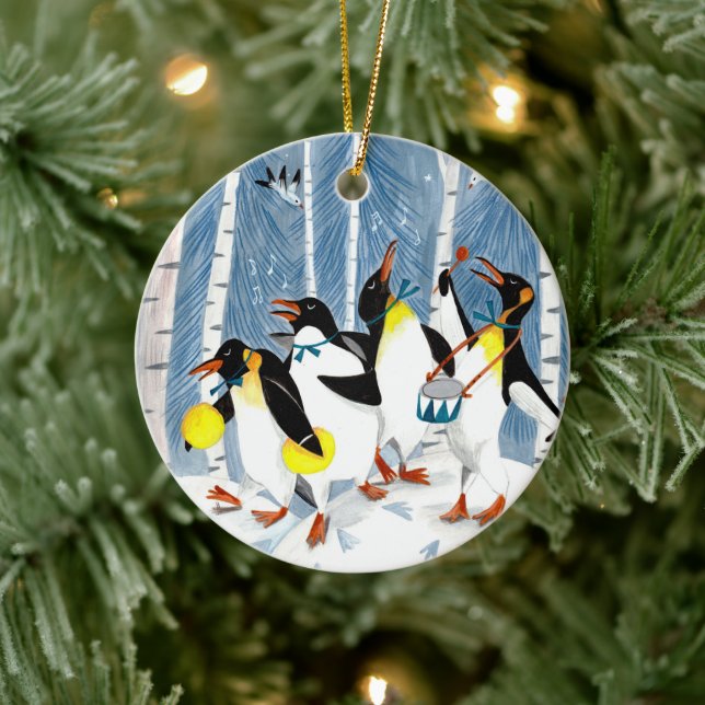 Cute blue music penguins children Christmas Ceramic Ornament (Tree)