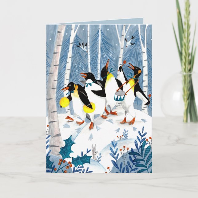 Cute blue musicians penguins snow fun holiday card (Front)