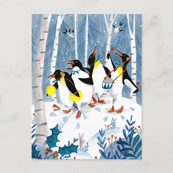 Cute blue musicians penguins snow fun holiday card