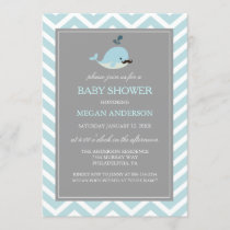 Cute Blue Mustache Whale Boy Baby Shower Invite