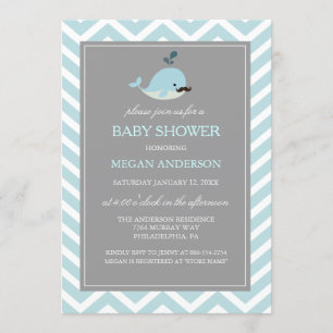 Cute Blue Mustache Whale Boy Baby Shower Invite