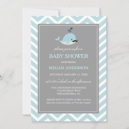 Cute Blue Mustache Whale Boy Baby Shower Invite