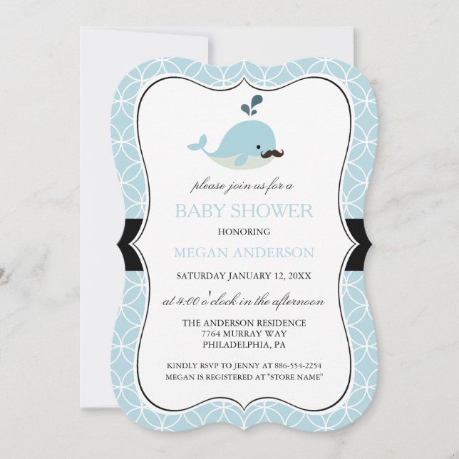Cute Blue Mustache Whale Boy Baby Shower Invite (Front)