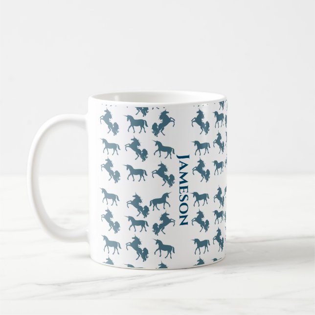 Cute Blue Name Monogram Unicorn Pattern Coffee Mug (Left)