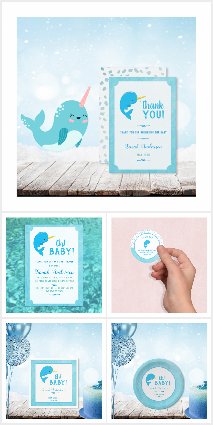 Cute Blue Narwhal Baby Shower