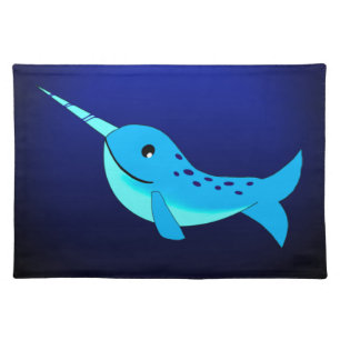 Cute blue narwhal on navy cloth placemat