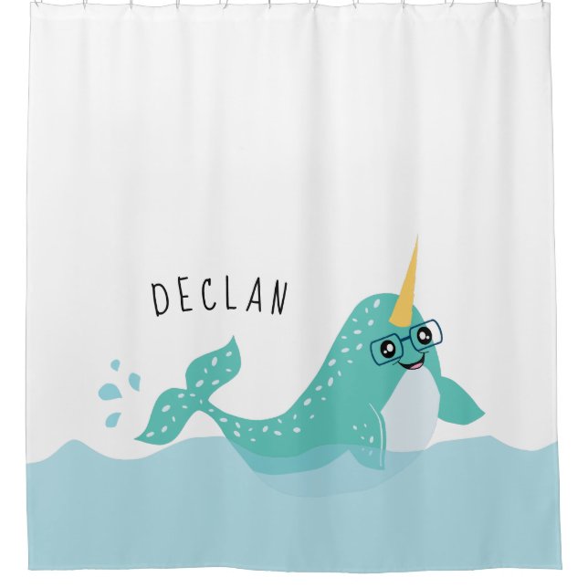 Cute Blue Narwhal with Glasses Kids Shower Curtain (Front)